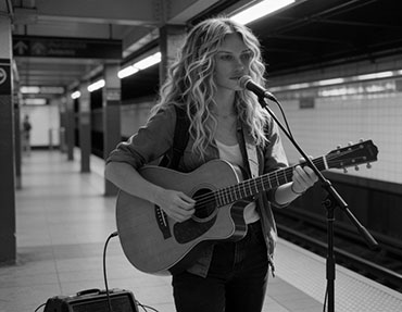 Tatiana busking in a subway station